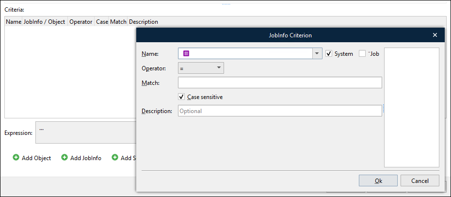 The JobInfo Criterion window for a form object with the System checkbox selected.